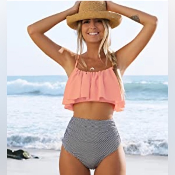 CUPSHE Pink and Stripe High Waisted Bikini Sets Sexy TankTop Swimsuit Two Pieces - Picture 4 of 8